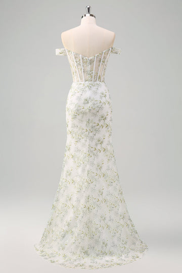 Light Green Mermaid Off the Shoulder Corset Long Prom Dress with Embroidery